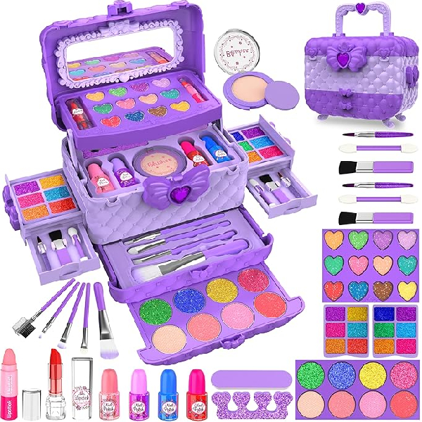 54 Pcs Kids Makeup Kit for Girls, Princess Real Washable Pretend Play Cosmetic Set Toys with Mirror, Non-Toxic & Safe, Birthday Gifts for 3 4 5 6 7 8 9 10 Years Old Girls Kids (Purple)