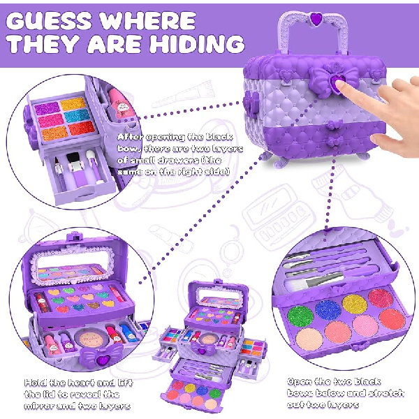 54 Pcs Kids Makeup Kit for Girls, Princess Real Washable Pretend Play Cosmetic Set Toys with Mirror, Non-Toxic & Safe, Birthday Gifts for 3 4 5 6 7 8 9 10 Years Old Girls Kids (Purple)