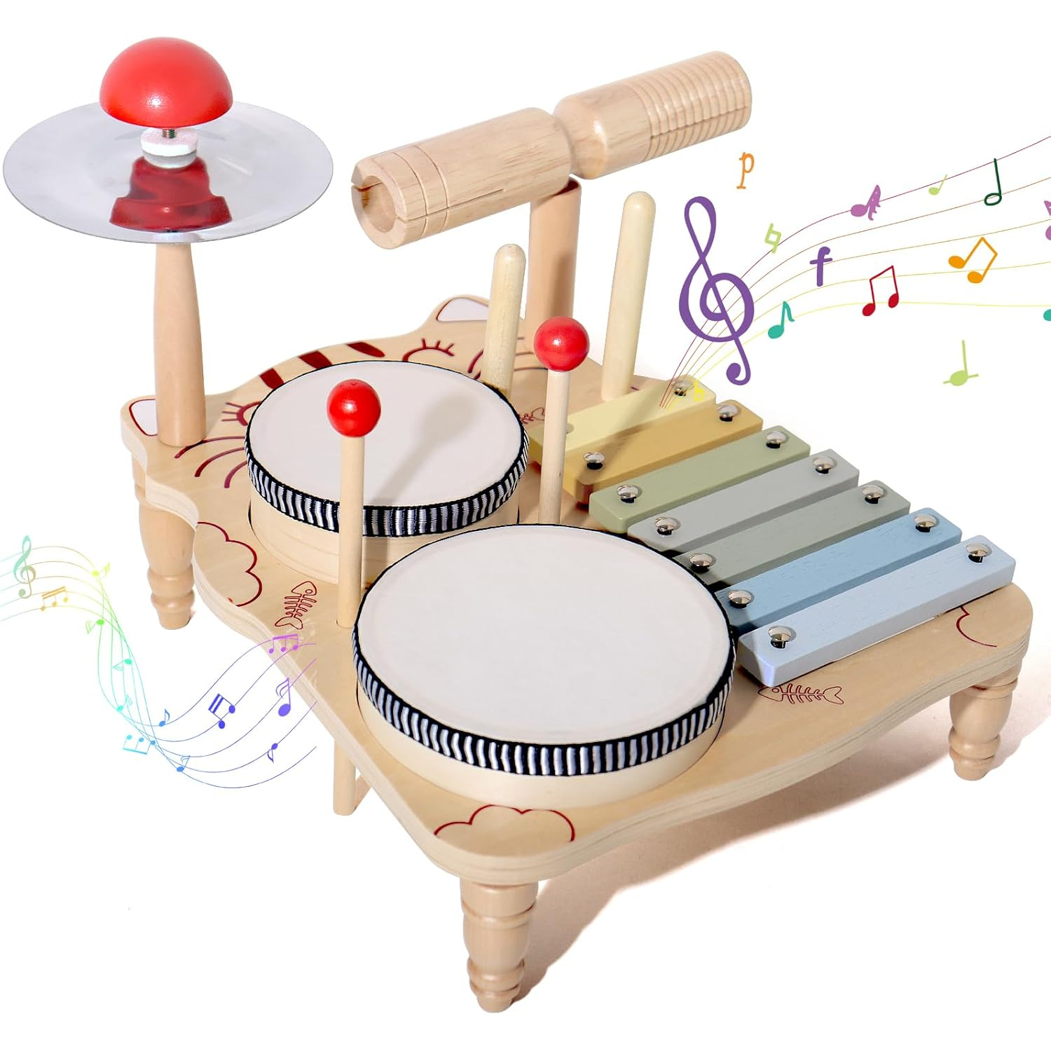 7 in 1 Childrens Drum Set (for Toddlers) Baby Musical Instruments Montessori Preschool Musical Toys Childrens Drum Set Xylophone Tambourine Birthday Gifts for Boys and Girls