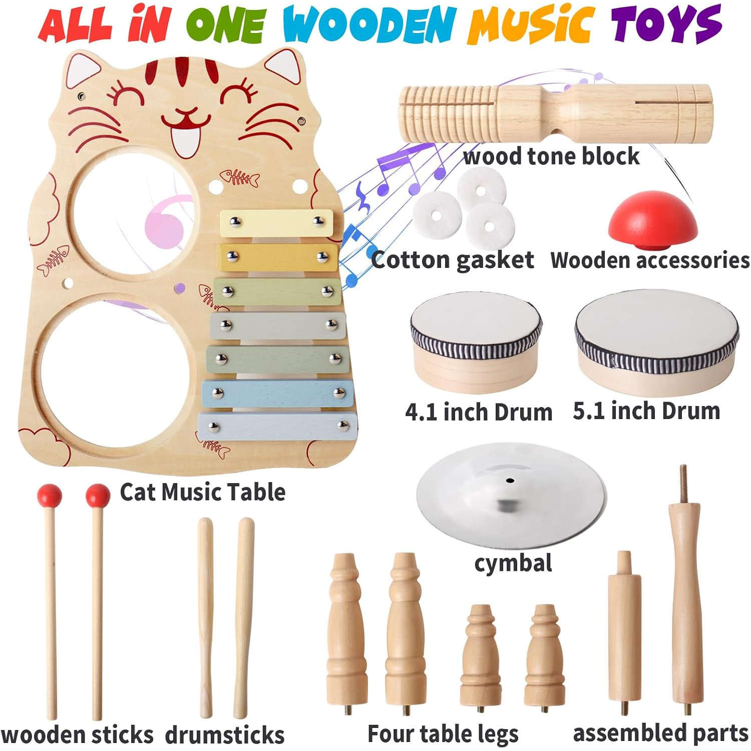 7 in 1 Childrens Drum Set (for Toddlers) Baby Musical Instruments Montessori Preschool Musical Toys Childrens Drum Set Xylophone Tambourine Birthday Gifts for Boys and Girls