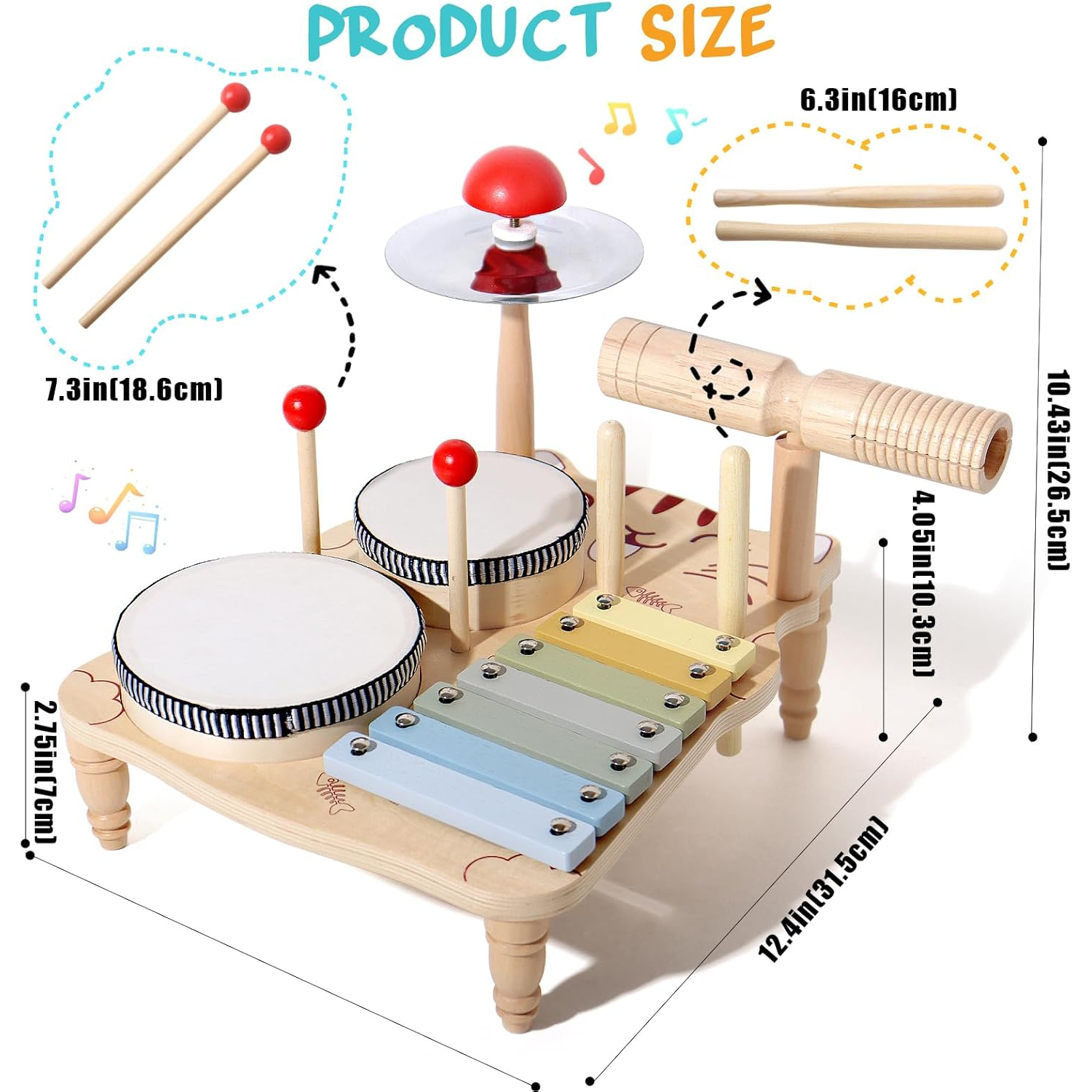 7 in 1 Childrens Drum Set (for Toddlers) Baby Musical Instruments Montessori Preschool Musical Toys Childrens Drum Set Xylophone Tambourine Birthday Gifts for Boys and Girls