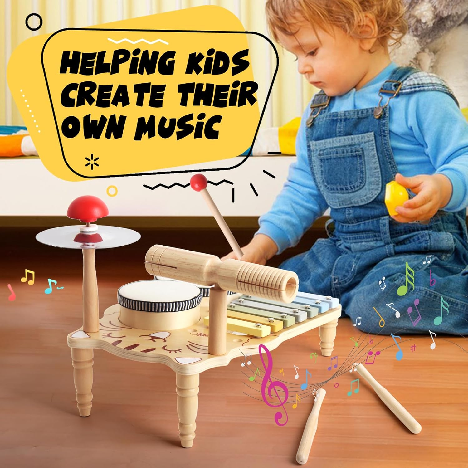 7 in 1 Childrens Drum Set (for Toddlers) Baby Musical Instruments Montessori Preschool Musical Toys Childrens Drum Set Xylophone Tambourine Birthday Gifts for Boys and Girls