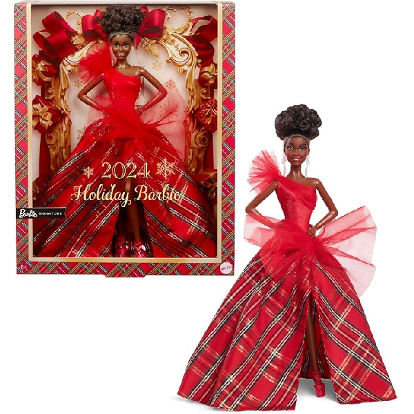 Barbie Signature Doll, 2024 Holiday Fashion Doll with Brown Hair Wearing Plaid Gown, Seasonal Collector Gift in Displayable Packaging