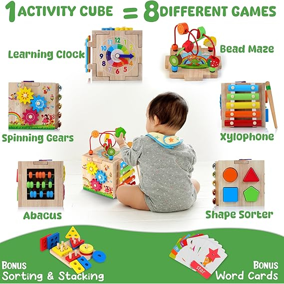 Batlofty 8-in-1 Wooden Activity Cube | Montessori Educational Toy for Toddlers 1+ Years, Learning Activities for Boys & Girls Age 1-3, Bonus Sorting & Stacking Board | Pink Packaging