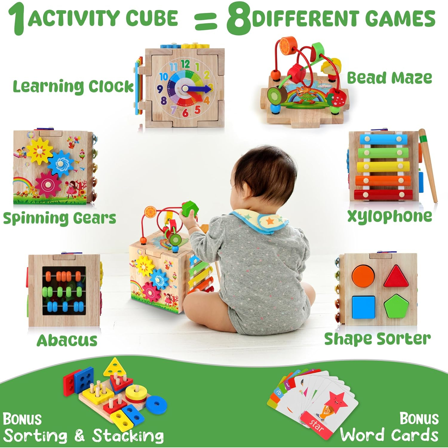 Batlofty 8-in-1 Wooden Activity Cube | Montessori Educational Toy for Toddlers 1+ Years, Learning Activities for Boys & Girls Age 1-3, Bonus Sorting & Stacking Board | Pink Packaging