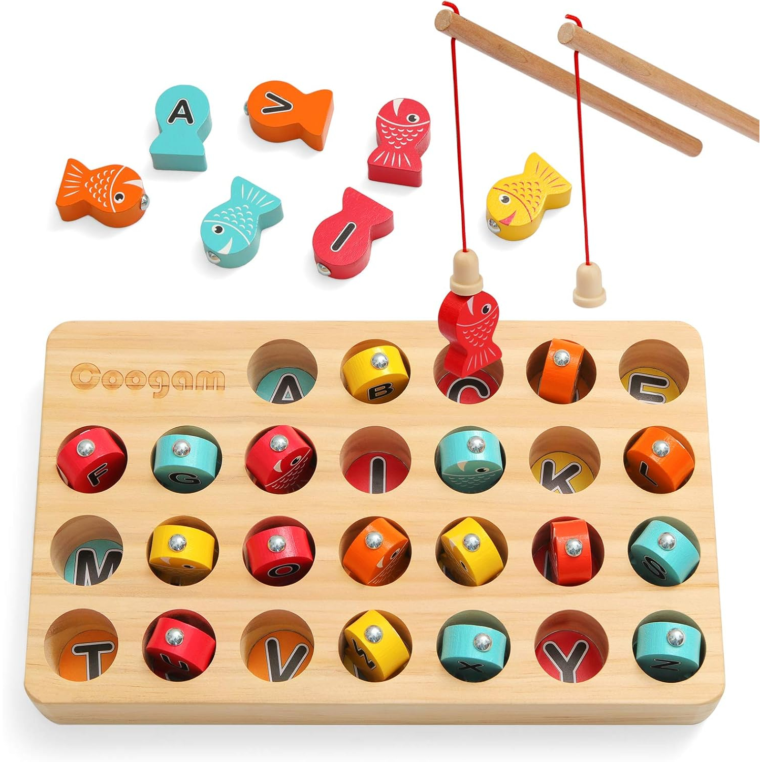 Coogam Wooden Magnetic Fishing Game, Fine Motor Skill Toy ABC Alphabet Color Sorting Puzzle, Montessori Letters Cognition Preschool Gift for Years Old Kid Early Learning with 2 Pole