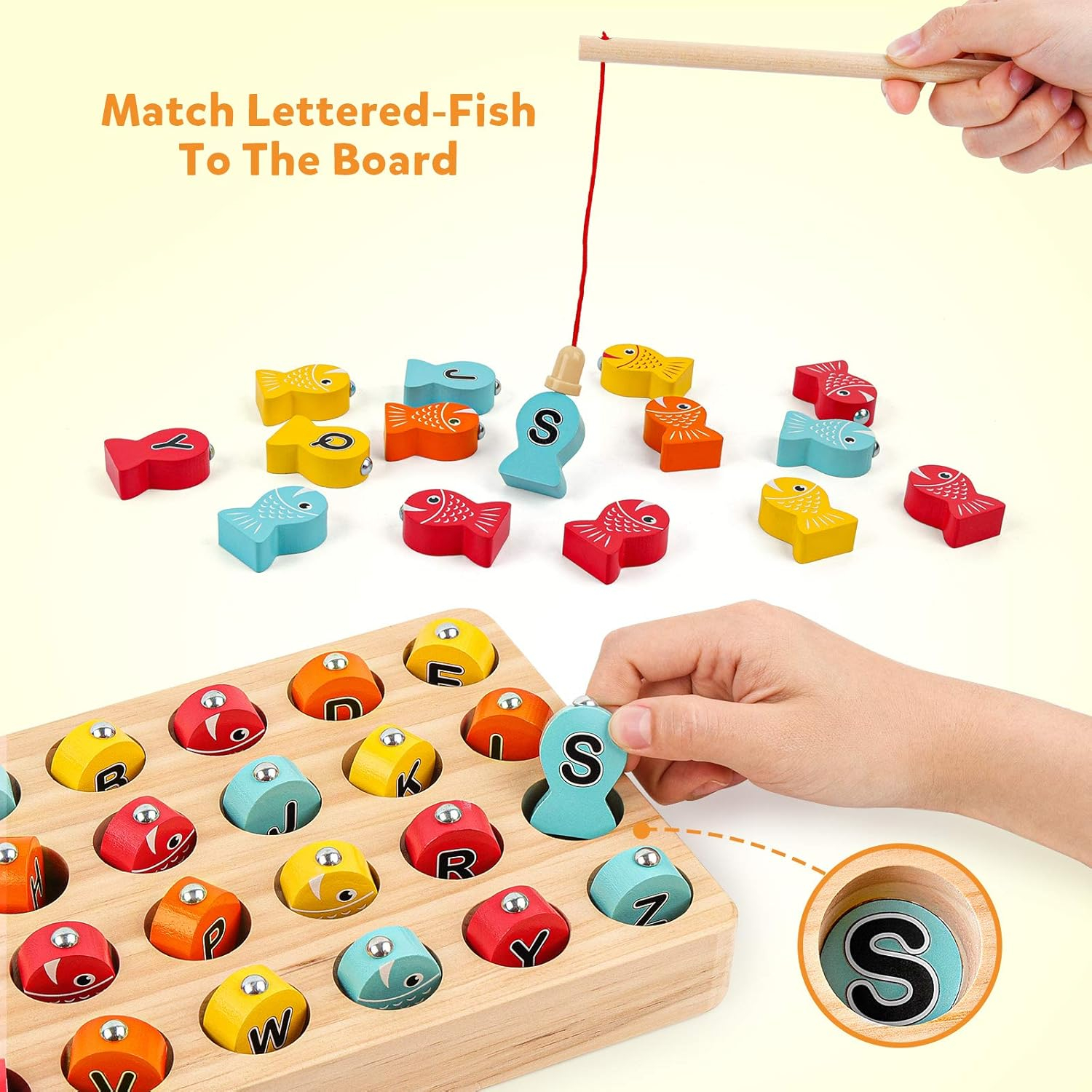 Coogam Wooden Magnetic Fishing Game, Fine Motor Skill Toy ABC Alphabet Color Sorting Puzzle, Montessori Letters Cognition Preschool Gift for Years Old Kid Early Learning with 2 Pole