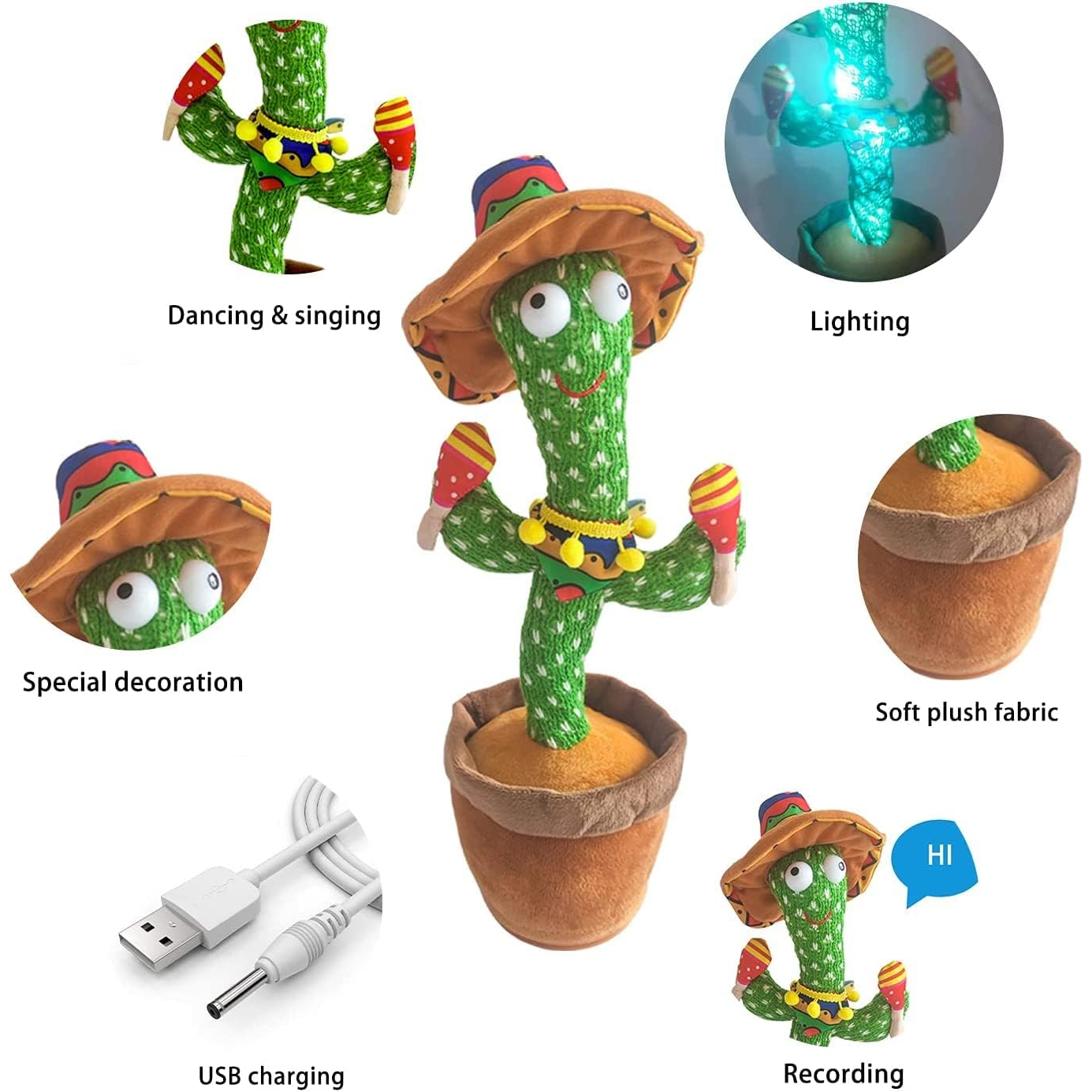 Dancing Cactus Talking Cactus Baby Toys-Infant Tummy Time Toys for for 0-6 Months 6-12months 1 Year Old,Recording,Repeats What You say, Baby boy Girl Gifts