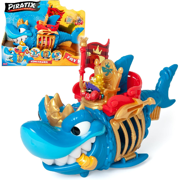 PIRATIX ADVENTURE WORLD King Shark - Articulated Shark with a Cage to capture rival Piratix Includes 1 Shark, 1 Exclusive Treasure, 1 Exclusive Piratix and 1 Accessory