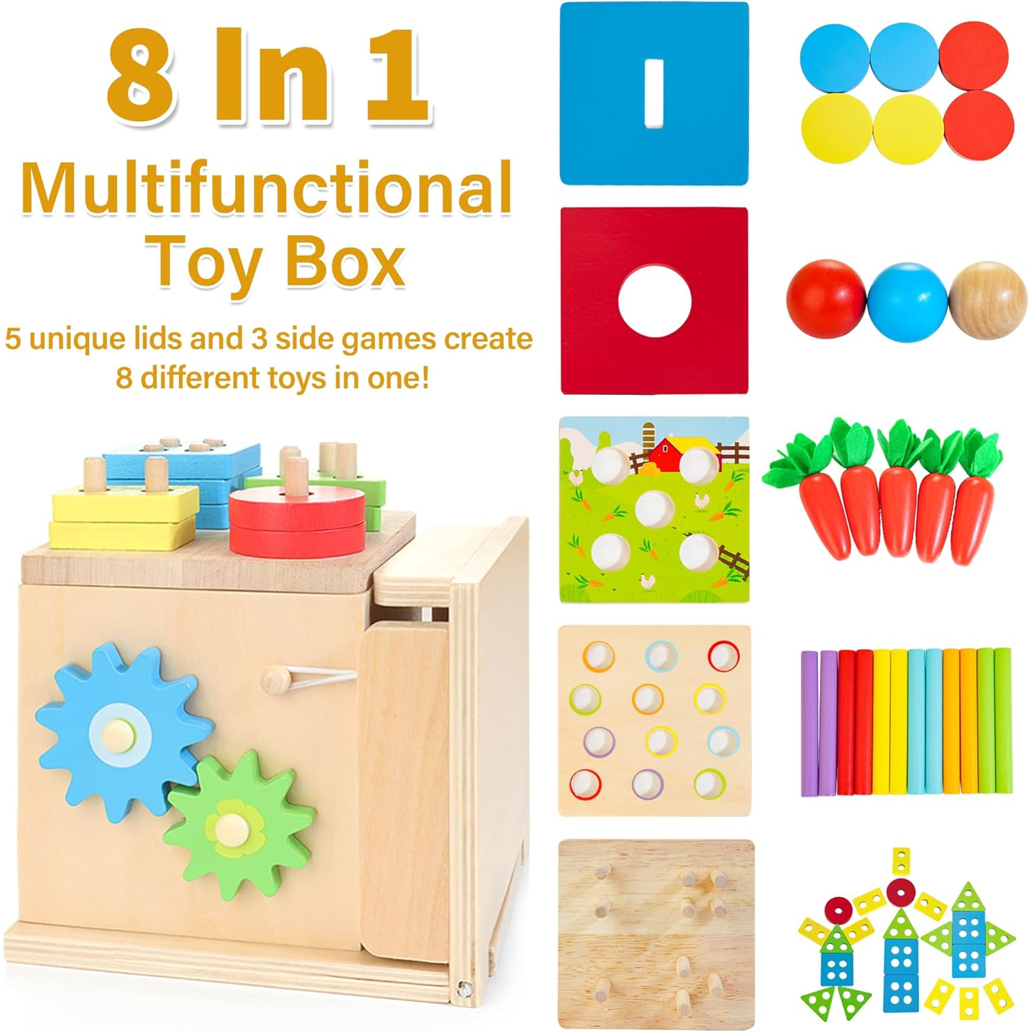 Kizfarm Wooden Montessori Baby Toys, 8-in-1 Wooden Play Kit Includes Object Permanent Box, Coin Box, Carrot Harvest, Shape Sorting & Stacking - Christmas Birthday Gift for Boys Girls Toddlers