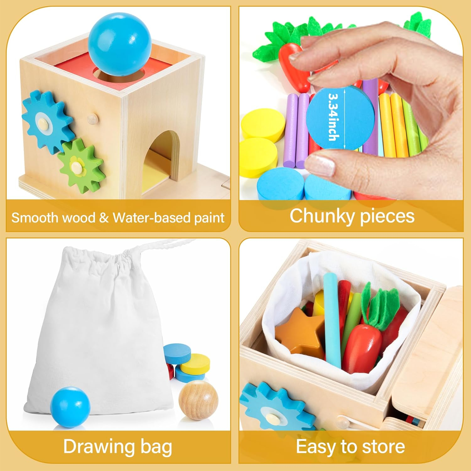 Kizfarm Wooden Montessori Baby Toys, 8-in-1 Wooden Play Kit Includes Object Permanent Box, Coin Box, Carrot Harvest, Shape Sorting & Stacking - Christmas Birthday Gift for Boys Girls Toddlers