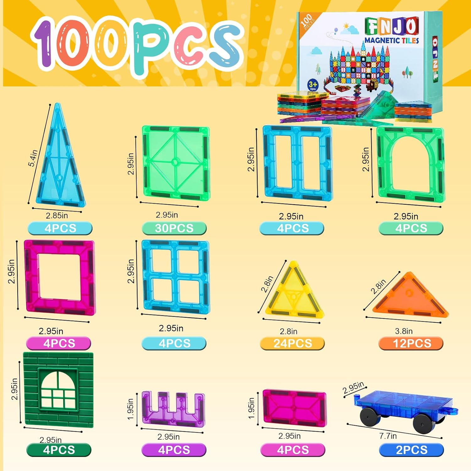 Magnetic Tiles, 100PCS Building Blocks, Magnets Building Set, STEM Construction Stacking Toy Gift for Kids 3+ Boys and Girls Daycare Centers Kindergarden