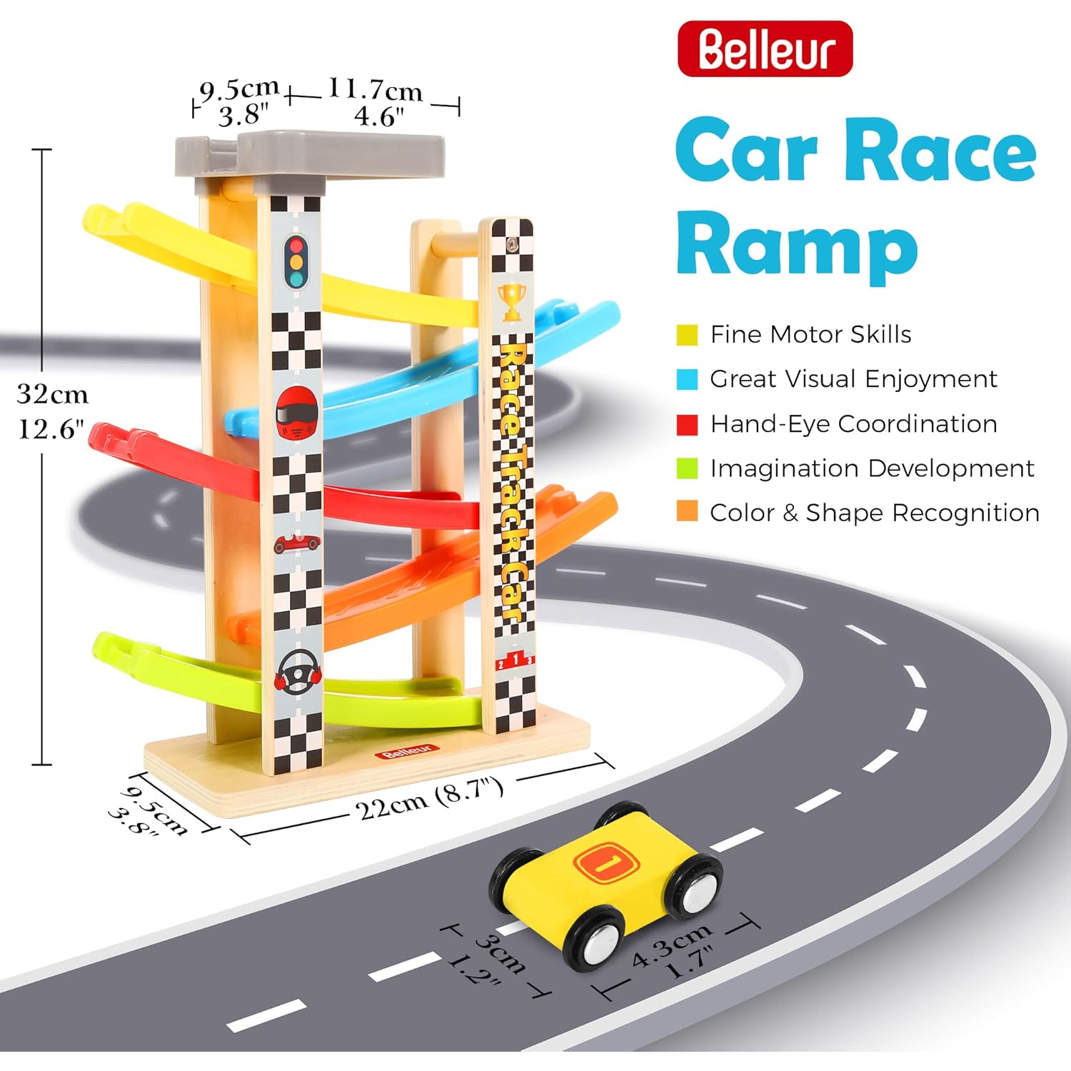 Montessori Toy for 1-3 Years Old Boys and Girls, Kid Wooden Race Track Car, Toddler Ramp Racer Set with 5 Mini Cars & 5 Ramps, Perfect for Babies Birthday Gifts, Visit Gifts