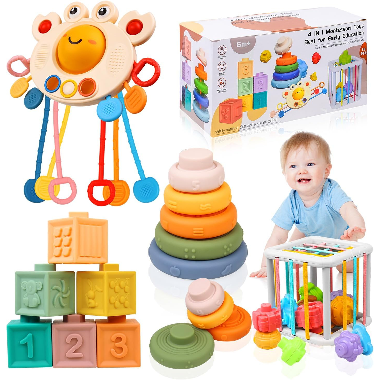 Richday Baby Toys 6 Months, 4 in 1 Montessori Toys Babies 6-12 Months, Sensory Basket, Teether Toys, Gifts for Babies on Birthday and Christmas