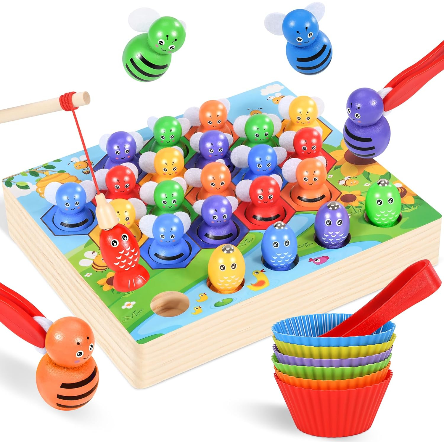 Ophy Color Matching Montessori Toys for Counting - Stacking Toys Math Skills and Sorting Educational Toys with Cups and Tweezers Gift Kids 2 3 4 5 Years Old Fishing Game