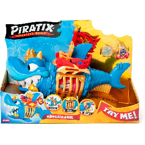 PIRATIX ADVENTURE WORLD King Shark - Articulated Shark with a Cage to capture rival Piratix Includes 1 Shark, 1 Exclusive Treasure, 1 Exclusive Piratix and 1 Accessory