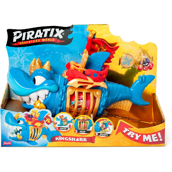 PIRATIX ADVENTURE WORLD King Shark - Articulated Shark with a Cage to capture rival Piratix Includes 1 Shark, 1 Exclusive Treasure, 1 Exclusive Piratix and 1 Accessory