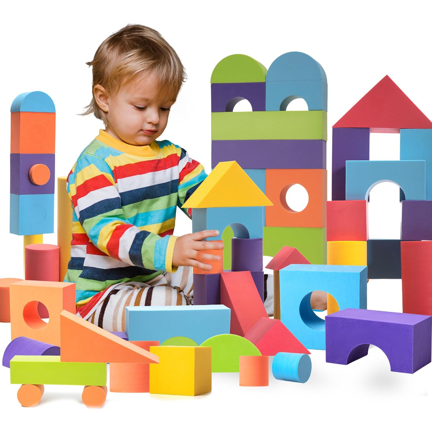 Set of 34 Large Foam Blocks for Toddlers - Stacking Soft Blocks for Kids with Shapes & Colors Learning - Construction Building Preschool Toys - Soft Toy for Daycare Toddlers 3-5 & Above