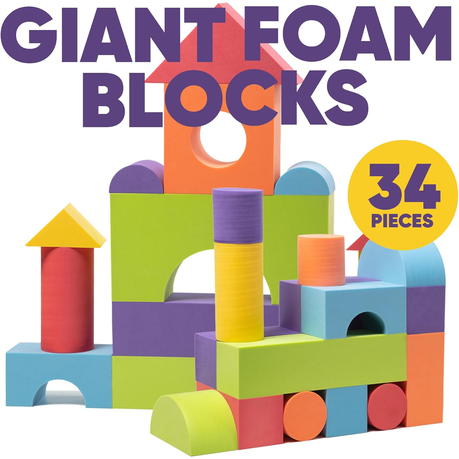 Set of 34 Large Foam Blocks for Toddlers - Stacking Soft Blocks for Kids with Shapes & Colors Learning - Construction Building Preschool Toys - Soft Toy for Daycare Toddlers 3-5 & Above